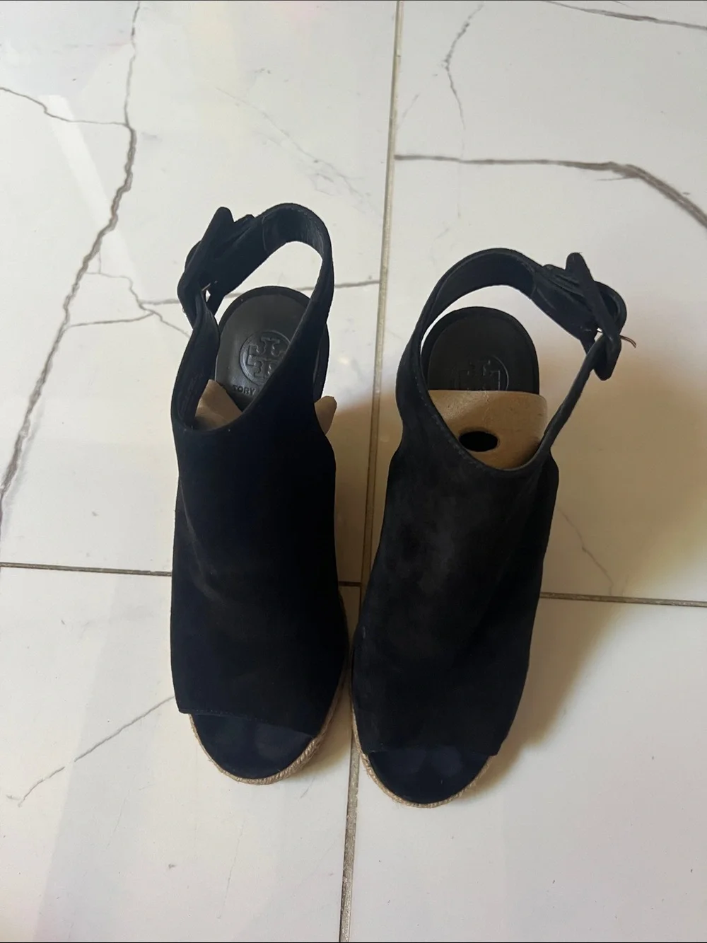 Tory Burch Black Suede Peep-Toe Espadrille Wedge Sandals